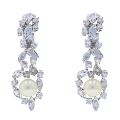 Platinum Cultured Pearl & Diamond Vine Dangle Earrings - .84ctw Leaves Clip-Ons - Image 1 of 4