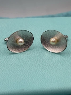 Gemelos de plata esterlina genuinos de perlas vintage ovalados auténticos Foto 1 de 4