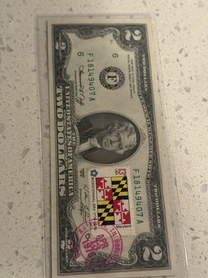 1974 UNC 2$Bill with state of  Maryland Stamp, Mint Condition, rare  - Image 1 of 4