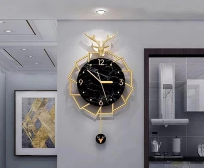 Luxury Black & Gold Deer Head Wall Clock with Pendulum – Modern Large 38x60cm - Image 1 of 2