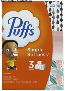 3 Boxes - Puffs Basic 2-Ply Facial Tissues, White, 180 Tissues Per Box - Picture 1 of 6