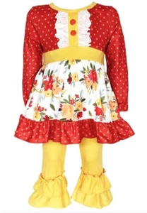 AnnLoren Big Girl's Fall Floral Eyelet Tunic & Mustard Ruffle Pant Set-7-(2XL) - Picture 1 of 5