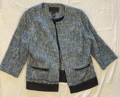 Chaqueta abierta Yansi Fugel azul/crema tweed con acento de flecos y bolsillos de parche-12 Foto 1 de 4