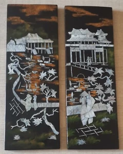 DEUX PLAQUES ASIATIQUE EN LAQUE NOIRE INCRUSTÉE DE NACRE. 35 CM × 12 CM - Photo 1/4