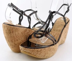 $280 STUART WEITZMAN ESTEEM Cognac Patent Leather Designer Platform Wedges 10 - Picture 1 of 4