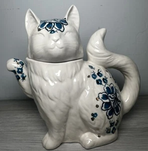 Anthropologie Elise Cat Ceramic Teapot Jar Décor White/Blue/Gold Collectible - Picture 1 of 8