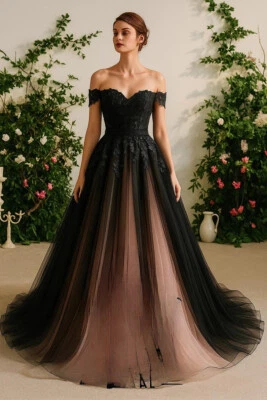 Gothic Black and Champagne Wedding Dresses Off the Shoulder A Line Bridal Gowns - Image 1 of 4