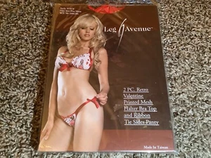 Leg Avenue 2 pc retro valentine mesh bra top & ribbon tie sides panty, One Size - Picture 1 of 12