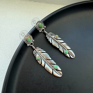 Green Turquoise Gemstone Earrings Feather Style Silver Plated Dangle Stud Women - Picture 1 of 4