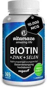 Biotin hochdosiert 10.000 mcg + Selen + Zink für Haarwuchs, Haut & Nägel, 365 ve - Bild 1 von 8