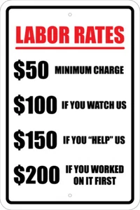 LABOR RATES GARAGE SIGN 12"X18" SIGN MAN CAVE, CARS, ENGINES, GARAGE, BIRTHDAY - Picture 1 of 2