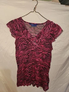 Max Azria Miley Cyrus Women’s Sheer Pink Zebra Blouse Stretched Waist SZ M - Picture 1 of 2