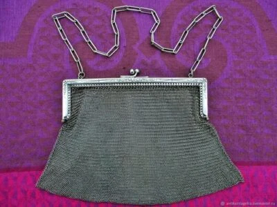 Sac à main ancien cotte de mailles fermoir Fleurs argenté Art Nouveau Old chainm - Photo 1/4