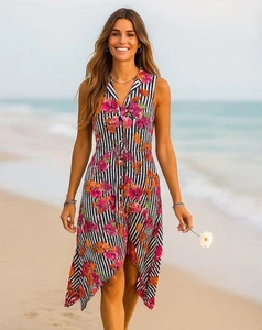 Abito midi senza maniche floreale a righe Eva Mendes nuovo con etichetta taglia XS - Foto 1 di 7