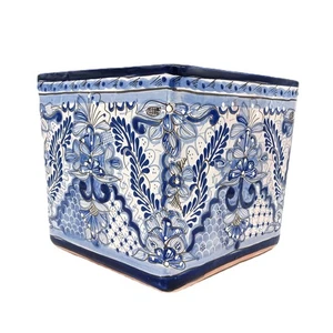 Talavera Pottery Planter Mexican Ceramic Flower Pot Puebla Blue Square Large 10 - Picture 1 of 9