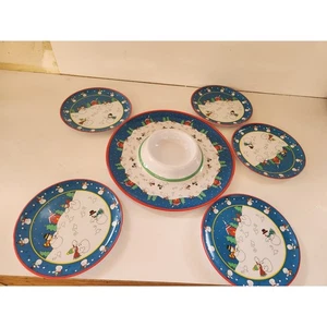 Vintage Leahy Designs Melamine 1992 Christmas Snowman Plates 8'' Chip Dip Trays - Picture 1 of 4