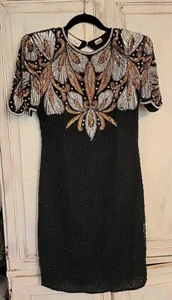 Vintage Lawrence Kazer New York Black Silk Beaded Dress Silver Gold Pearl 80s Sm - Picture 1 of 10