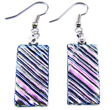 DICHROIC Glass EARRINGS Silver PINK Pastel Rose Ripple Dangle Surgical Steel 1"