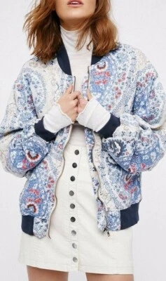Free People Printed Bomber Jacket Floral Sporty Tennis Style Navy Blue OB548451 - Image 1 of 4