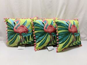 Allen Roth Flamingo Throw Pillows 3 PACK 16"x16" Pom Poms Pink Tropical 1228