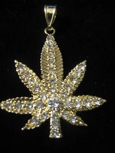 PENDANT Gold Plated WEED Marijuana iCED W CZs 18K gold Plated YELLOW GOLD TONE - Picture 1 of 2