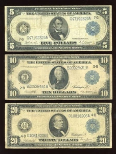 Set of 1914 $5 $10 $20 Federal Reserve Note Large Size Blue seal - Picture 1 of 2