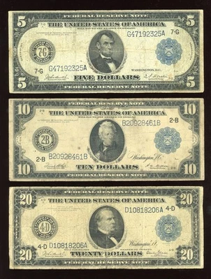 Set of 1914 $5 $10 $20 Federal Reserve Note Large Size Blue seal - Image 1 of 2