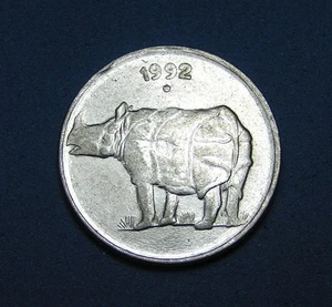 India Republic 25 Paise Stainless Steel Coin 1992 Dot, Rhino, 19mm, Combined S/H - Picture 1 of 2