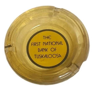 LA PRIMA BANCA NAZIONALE DI TUSKALOOSA Posacenere vecchia ortografia vetro giallo menta 4" - Foto 1 di 4