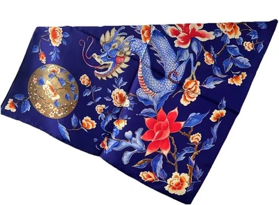 Bufanda 26"X26" Azul Estampado Dragón Mora Pura Twi Seda 14momme 65x65cm 4-13 Foto 1 de 4