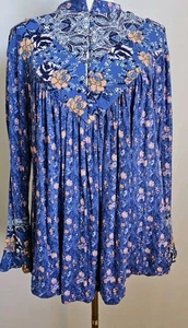 Free People blaue Boho Bauern Bluse S Stehkragen Knopf Rüschen Festival Top - Bild 1 von 9