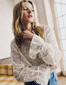 BNWT Sezane Faria Guipure Lace Shirt Ecru White Cream 14 Lacy Blouse Retro Boho - Picture 1 of 5