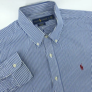 Ralph Lauren Shirt Mens Large Cotton Stretch Striped Button Up Red Pony - Picture 1 of 8