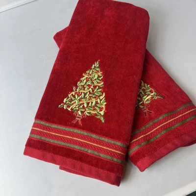 Rare Kassatex 'Tis the Season Christmas Tree Hand Towels Set of 2 Embroidered - Image 1 of 4