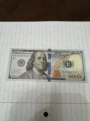 Rare One Hundred Dollar Bill Series 2017 A PB 25252552 I Rare Serial Number - Image 1 of 2