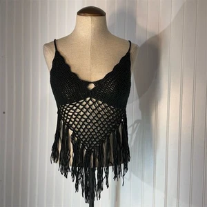Y2K Charlotte Russe Black Crochet Fringe Backless Tie Top Boho Festival Rave L - Picture 1 of 5