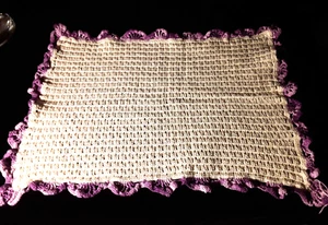 Vintage handmake crochet doily with purple trim. 13" x 17" - Picture 1 of 6