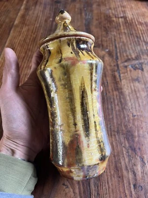 Pot Couvert Terre Cuite Emaillée Signature a Identifier Vintage - Photo 1/4