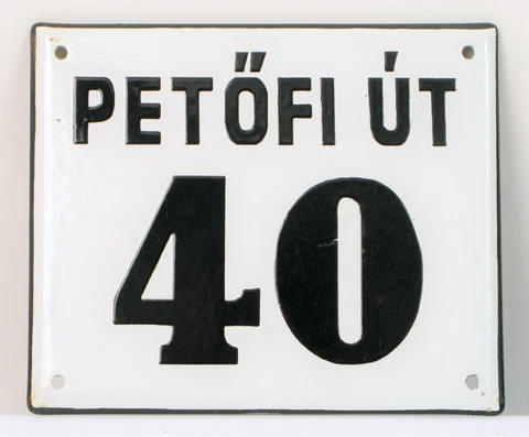 VTG WHITE ENAMEL PORCELAIN STREET SIGN BUDAPEST HUNGARY ~7" PETOFI UT 40 ADDRESS Cover