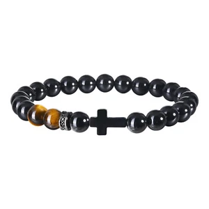 Natural Stone Cross Bracelets Men Boys Black Religious Tiger Eye Beads Charm - Picture 1 of 8