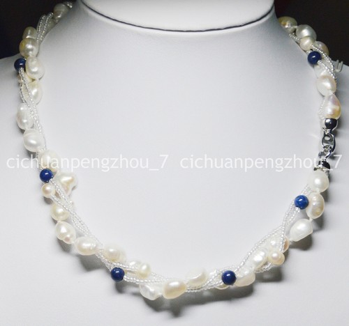 VETEMENTS Collana 3 fili 9 10 mm perle coltivate barocche bianche 6 mm lapislazzuli 18''