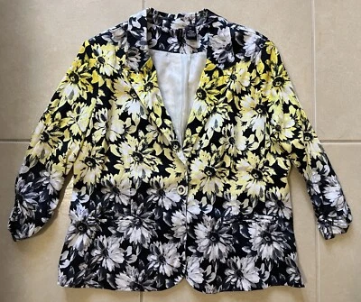 Blazer New Directions Forrado Amarillo Negro Floral Reunido Manga 3/4 Acanalado Talla XL Foto 1 de 4