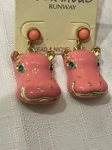 Pink Enamel Hippopotamus Earrings New! - Picture 1 of 5