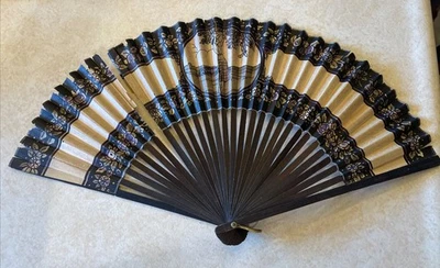 Vintage paper Hand Fan Art Deco Hand Painted Made In Japan Wood Woman Car 14x9"  - Image 1 of 4