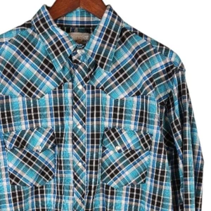 Wrangler Western Shirt Mens Large Blue Black Plaid Pearl Snap Long Sleeve Large - Picture 1 of 8
