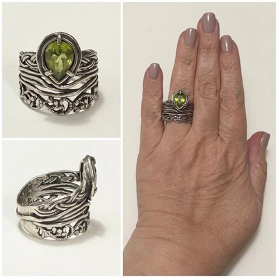 Or Paz Israel Sterling Silver Pear Cut Green Peridot Wide Band Ring Size 9 - Image 1 of 4