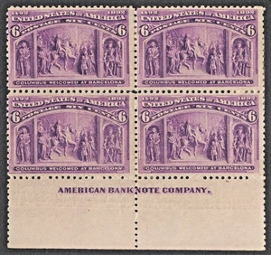 US # 235 *MINT OG H {"IMPRINT BLOCK OF 4 } 6c COLUMBUS WELCOME AT BARCELONA 1893 - Picture 1 of 5
