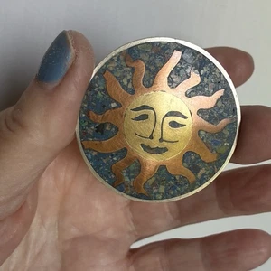 Spilla/pendente sole celeste vintage rame e argento Taxco MX di JF | pietre schiacciate - Foto 1 di 6