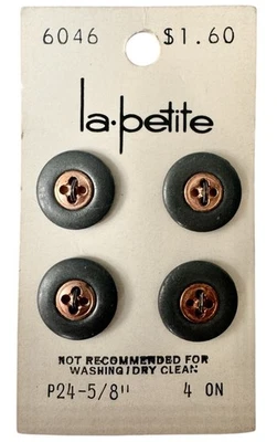 Vintage Buttons Gunmetal with Copper Center Round 5/8" 4-Hole 4Pk La Petite 6046 - Image 1 of 4