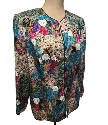 Adrianna Papell Silk Jacket Size 14 Blue Multicolor Geometric Artsy Old Money - Image 1 of 4